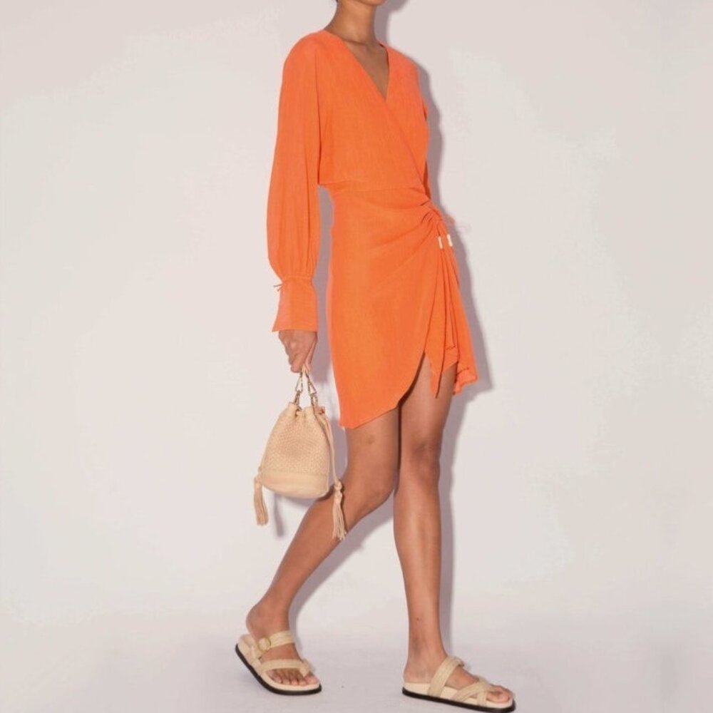 Magali Pascal Myrtle Wrap Mini Dress Neon Coral Gauze Boho Resort Chic Sz S NEW - Picture 4 of 13